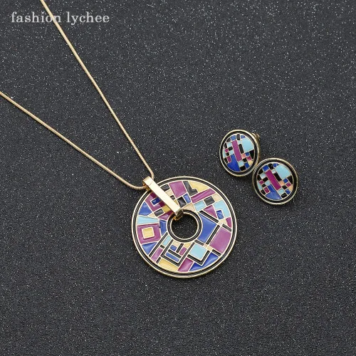 Мода Личи геометрический круглый цветочный узор ожерелье с подвеской из эмали серьги-гвоздики женский модный ювелирный набор - Окраска металла: 3