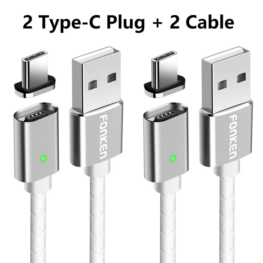 Магнитный кабель FONKEN type-C, USB C, кабель для быстрой зарядки телефона, светодиодный двусторонний кабель для быстрой зарядки и синхронизации данных для мобильного телефона - Цвет: 2 Plug 2 White Cord