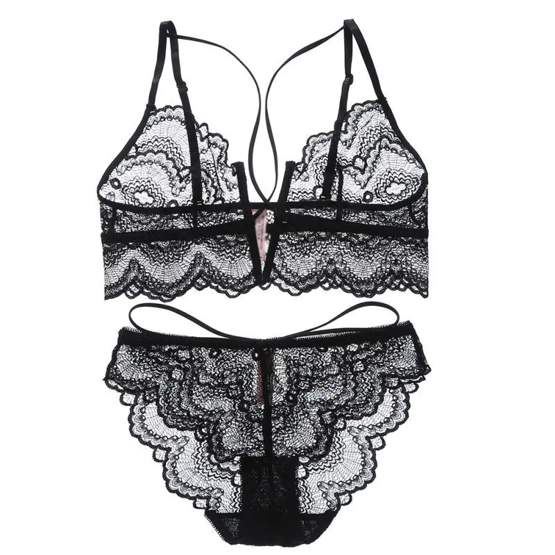 Women Lingerie Lace Thin Without Steel Ring Breathable Deep V bra + Panties Set Women Underwear Set