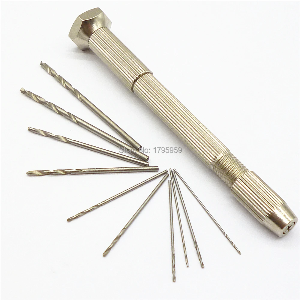 

Hand Twist Drilling Pin Vise Swivel Head 2 Chuck Hand Drill Tool Capacity Range 0.1-3.2mm w/ 10pcs Mirco Twist Drill Bit 0.6-2mm