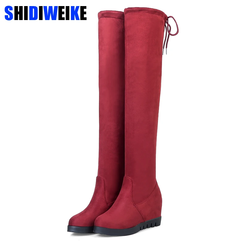 

2019 New Flock Leather Women Over The Knee Boots Lace Up Sexy High Heels Women Shoes Lace Up Autumn Winter Boots Warm Size 34-43