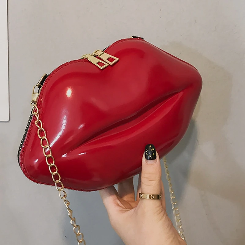 Women Red Lips Clutch Bag Ladies Pu Leather Chain Shoulder Bag Bolsa Evening Bag Lips Shape Purse