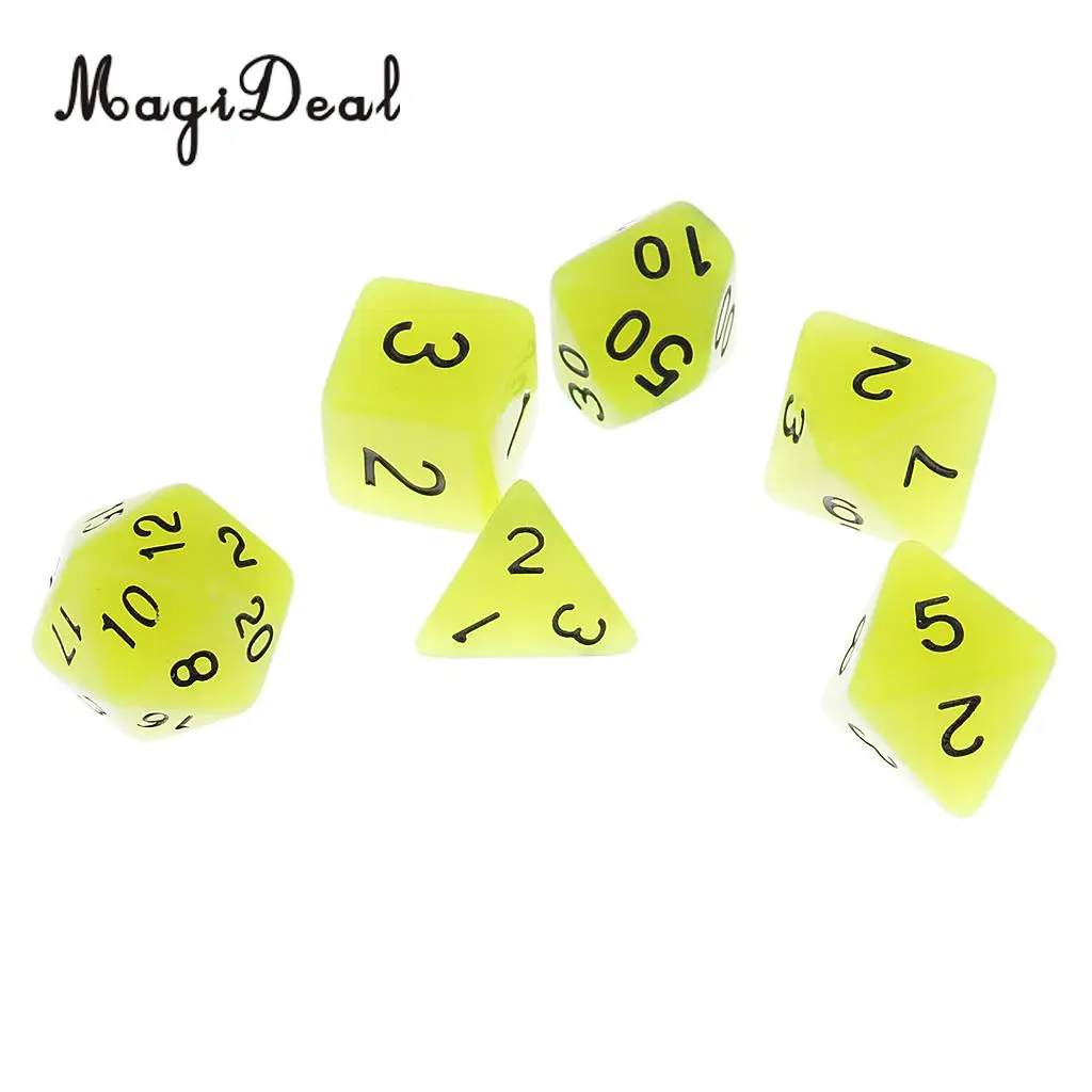 MagiDeal Top Quality 7Pcs Multi-Sided Dice Glow in the Dark for D&D MTG Party Bar Card Table Game Accessory Yellow/Green Gifts