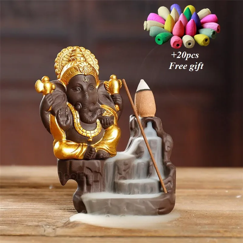 

NOOLIM Ganesha Backflow Incense Burner Elephant god Emblem Auspicious and Success Ceramic Cone Censer Home Decor with 20pc Cones