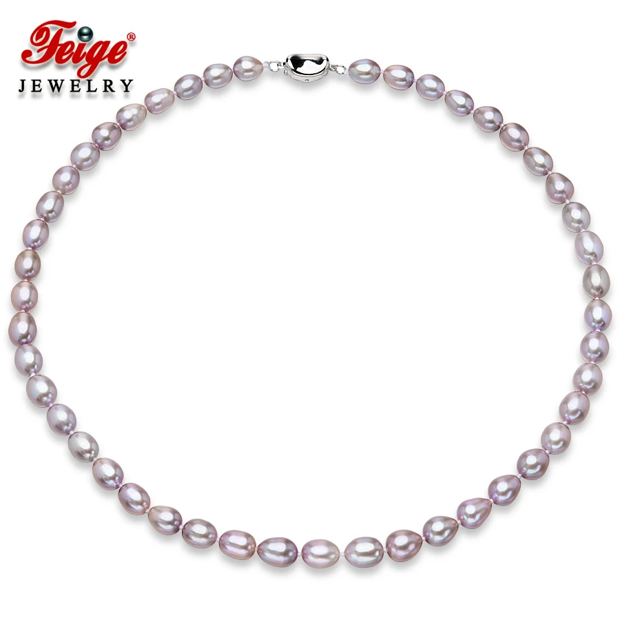 

FEIGE Genuine AAA 7-8mm Rice Shape Purple Freshwater Pearl Necklace For Women's Choker Necklaces Fine Pearl Jewelry