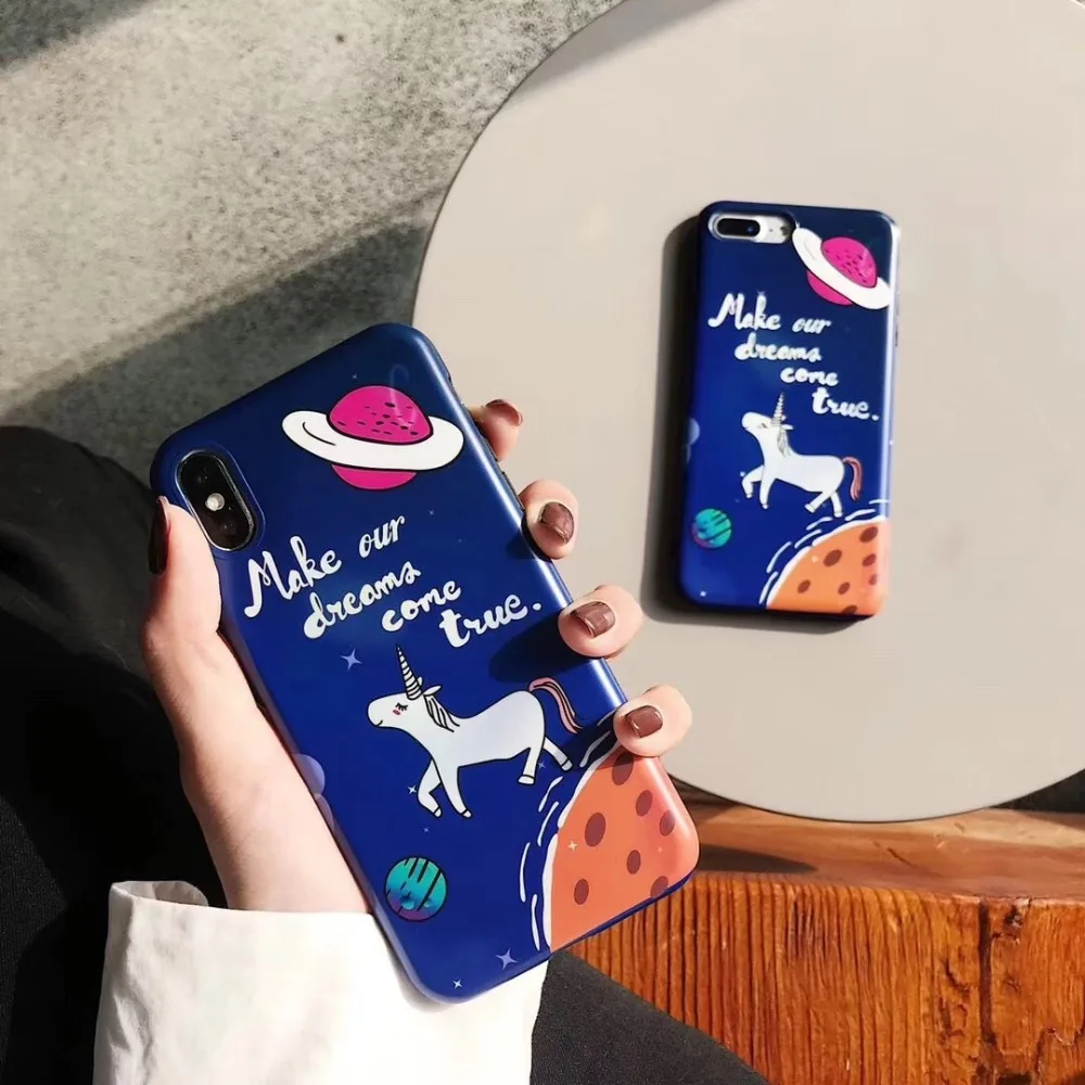 Luxury Brand IMD Soft Silicone Case for iPhone Cover 7 8 Plus 10 XR X XS Max 6 6S Cute Cartoon Unicorn Lucky Dream Come True |