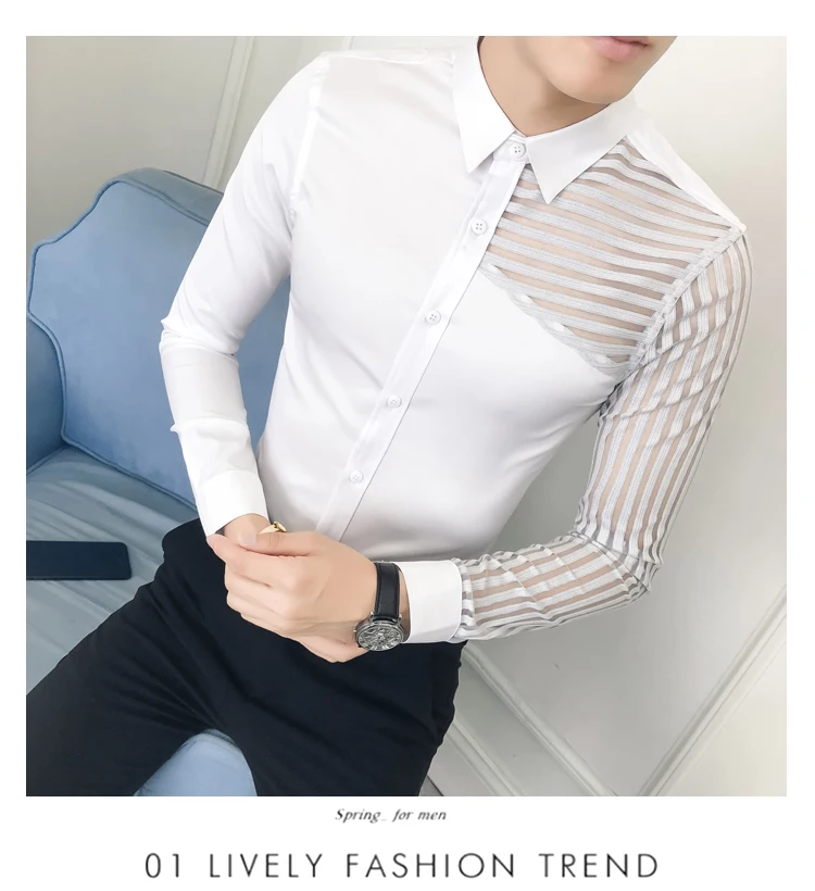Camisa Masculina прозрачные кружевные полые мужские рубашки с длинным рукавом Весна мужские повседневные тонкие рубашки подходят ночной клуб chemise homme
