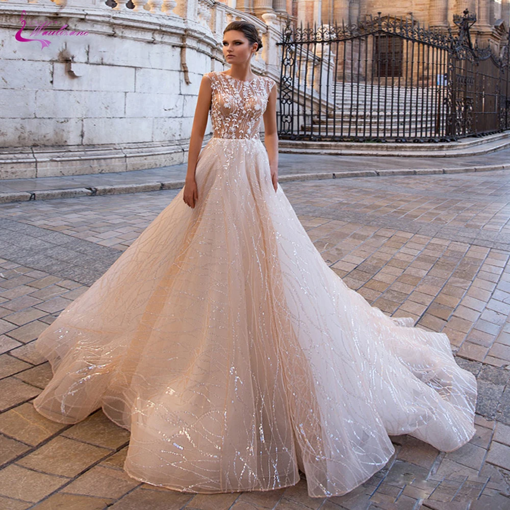 

Waulizane O-Neckline Button Back Closure Champagne Color A Line Wedding Dress With Shakin Lace Skirt