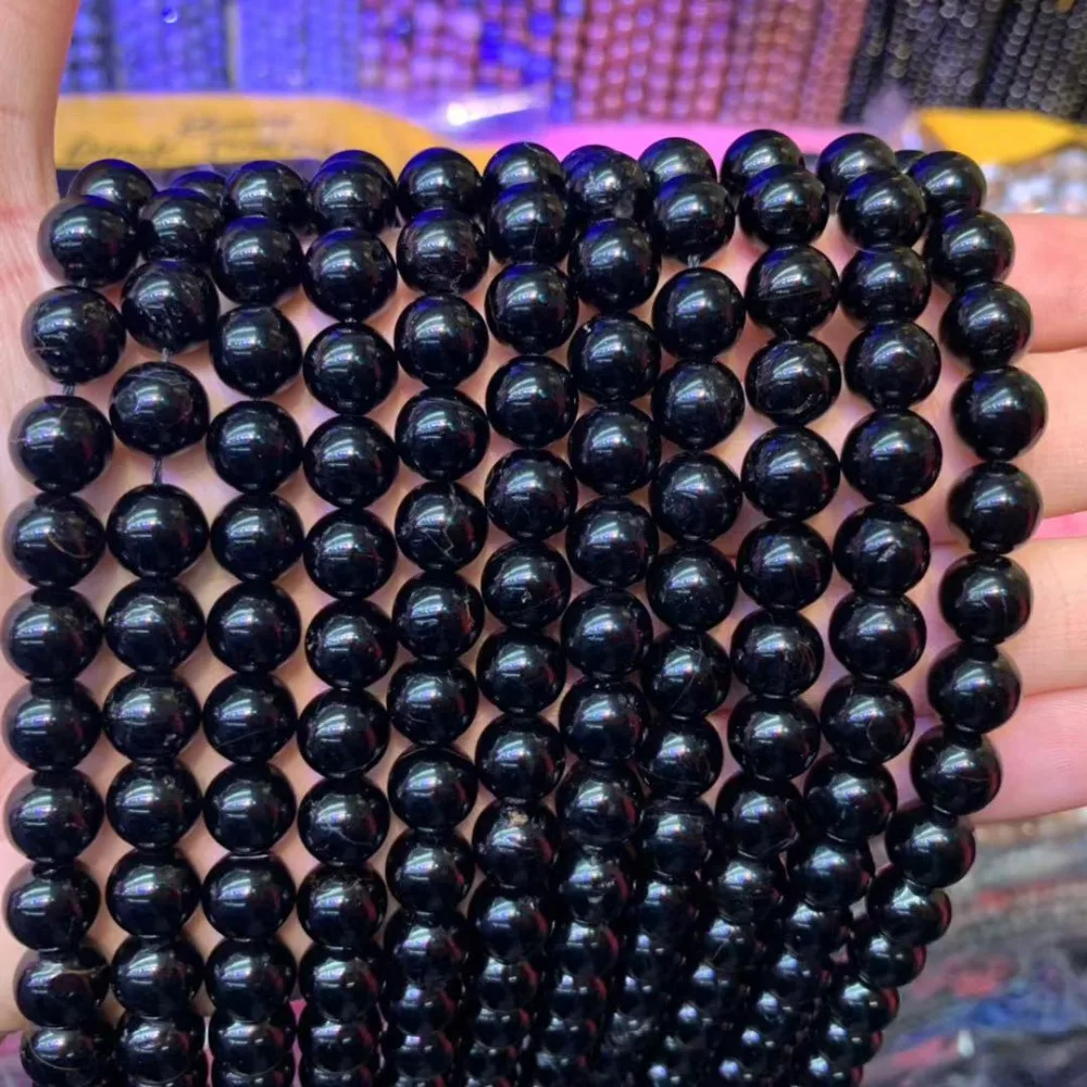 Round Black Tourmaline Natural Stone Beads Diy Loose Bead For Jewelry