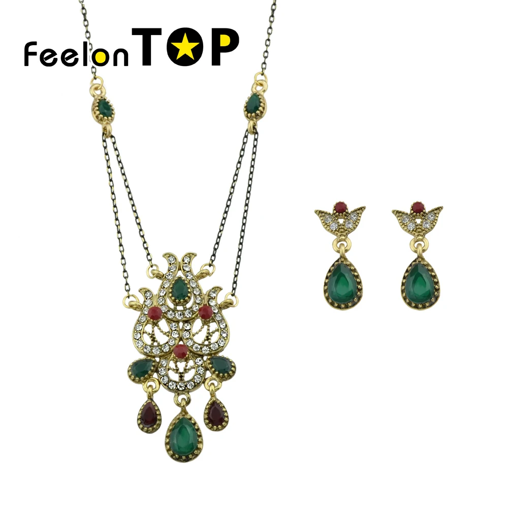 Party Jewelry Sets White Green Red Color Water Drop Crystal Flower Pattern Necklace Shiny Drop