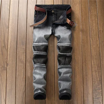 

2019 New Men's M odis Stitching Black Leather Ripped jeans Men's Wrinkle Motorcycle Denim pants jeans men Size 29-36 38
