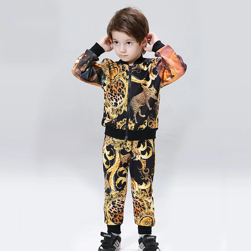Leopard Print Boys Clothing Set Autumn Spring 2016 New Boys Sport Set Fashion Jacket Long Pants