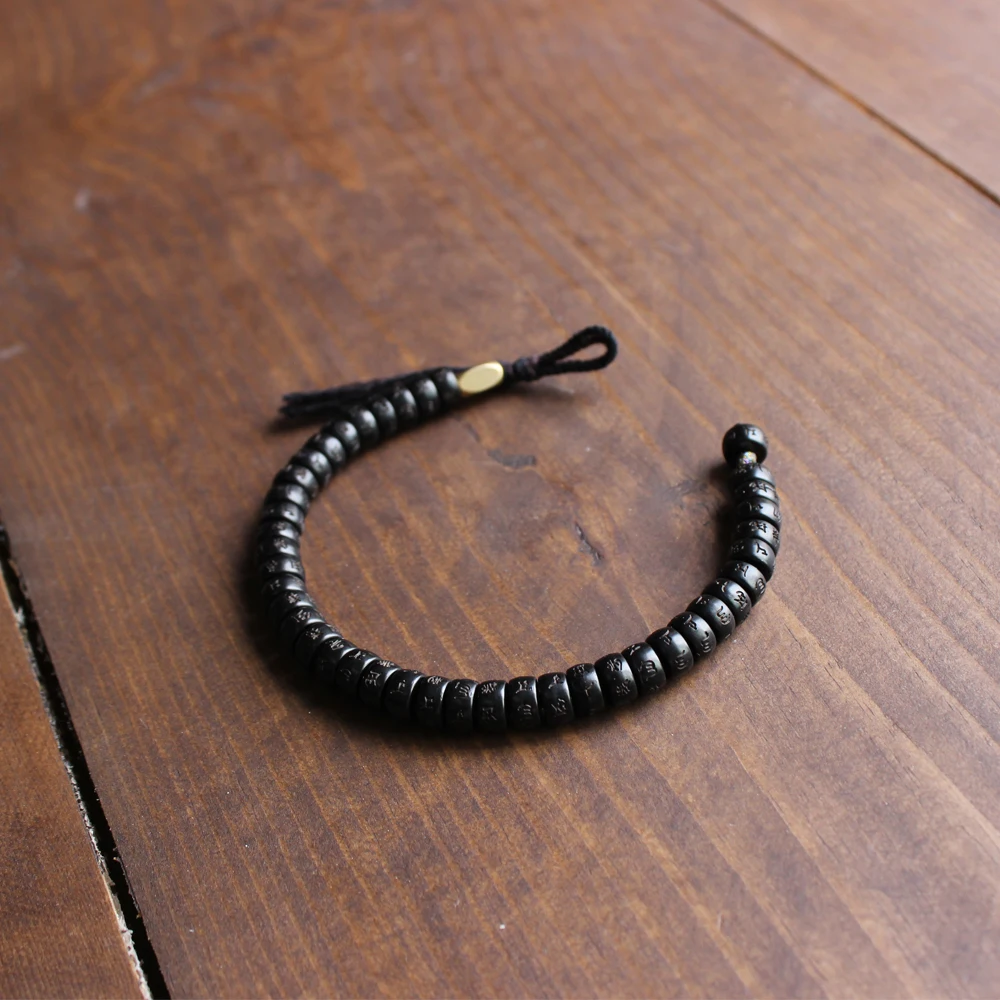 Тибетский буддийский плетеный браслет с черной хлопковой нитью, браслет из натуральной кокосовой скорлупы, резной браслет OM, уникальный подарок