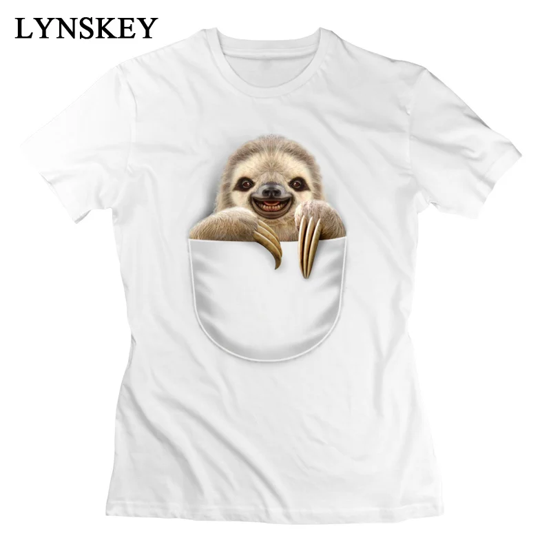 LYNSKEY T-Shirt Short Sleeve Funny Funky POCKET SLOTH O Neck 100% Cotton Student Summer Fall Tops Shirts Funny Clothing Shirt white