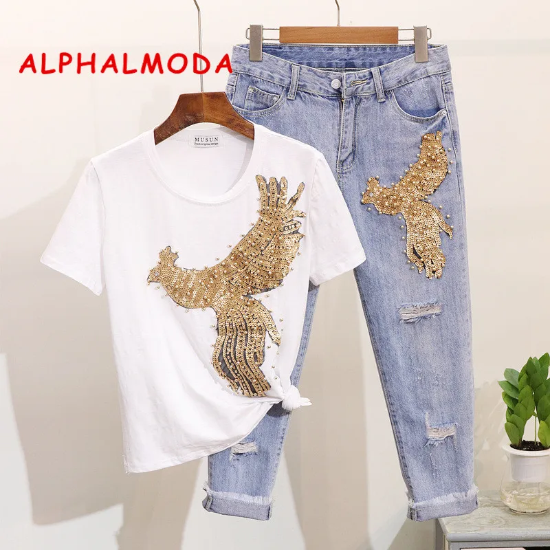 ALPHALMODA новая футболка с коротким рукавом, украшенная блестками, жемчугом, Фениксом, рваные, до середины икры, облегающие джинсы для девушек, летняя мода