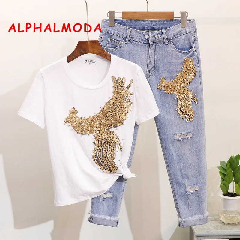 ALPHALMODA/новая футболка с короткими рукавами, украшенная пайетками, жемчугом и Фениксом, рваные джинсы до середины икры, женские летние модные