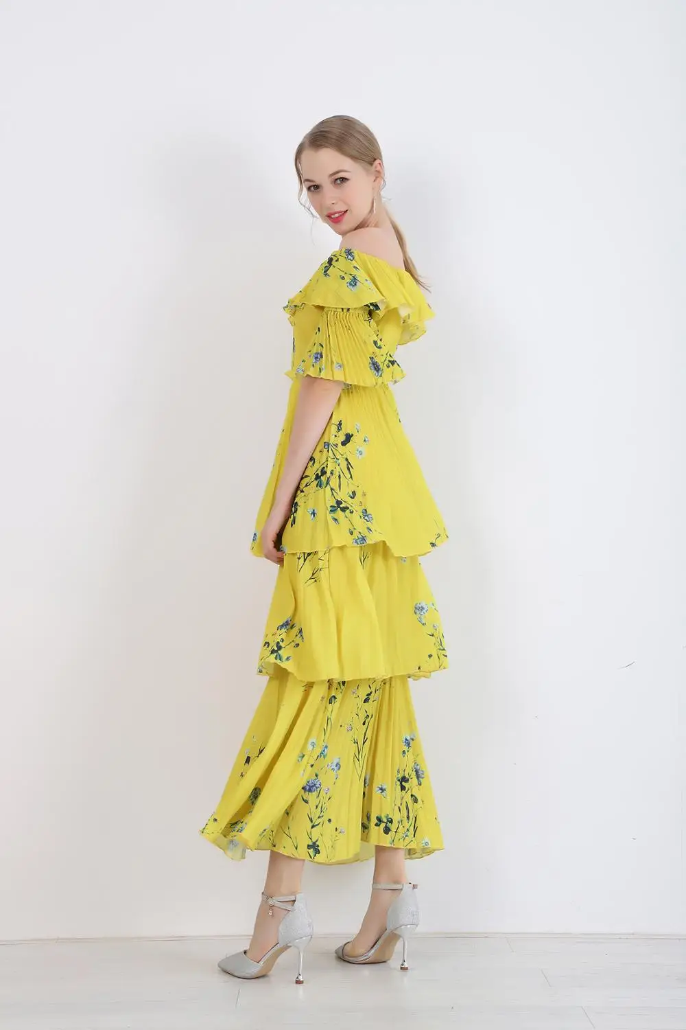 Женское длинное платье в богемном стиле SMTHMA, желтое дизайнерское платье из высококачественной ткани с принтом, плиссированными оборками, стильный подиумный наряд