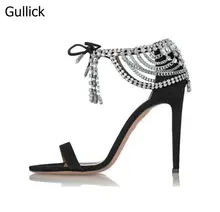 Summer Fashion Rhinestone Ankle Strap Sandals Crystal Embellished Suede Cut-outs Lace-Up Pumps Black Beige High Heel Party Shoes black fashion jewelry embellished flat sandals