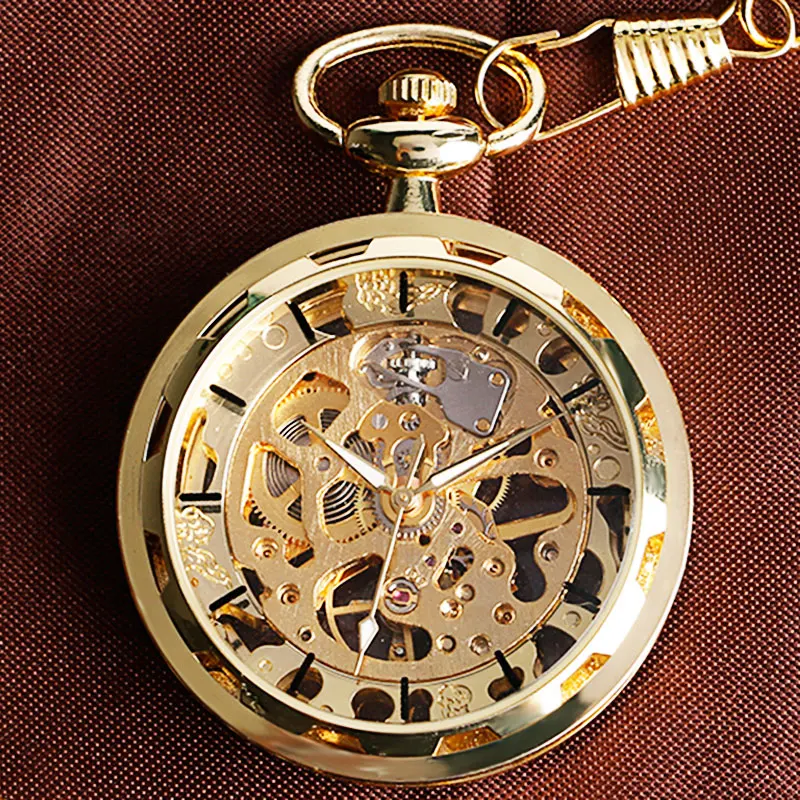 Роскошные золотые карманные часы Скелет стимпанк Механический ручной Ветер Fob для мужчин женщин унисекс подарок + цепь подарок 2017