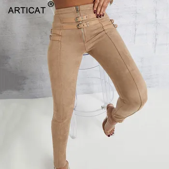 

Articat High Waist Suede Leather Autumn Pants Women Leggings Zipper Belt Buckle Skinny Pencil Pants Women Trousers Casual Pants