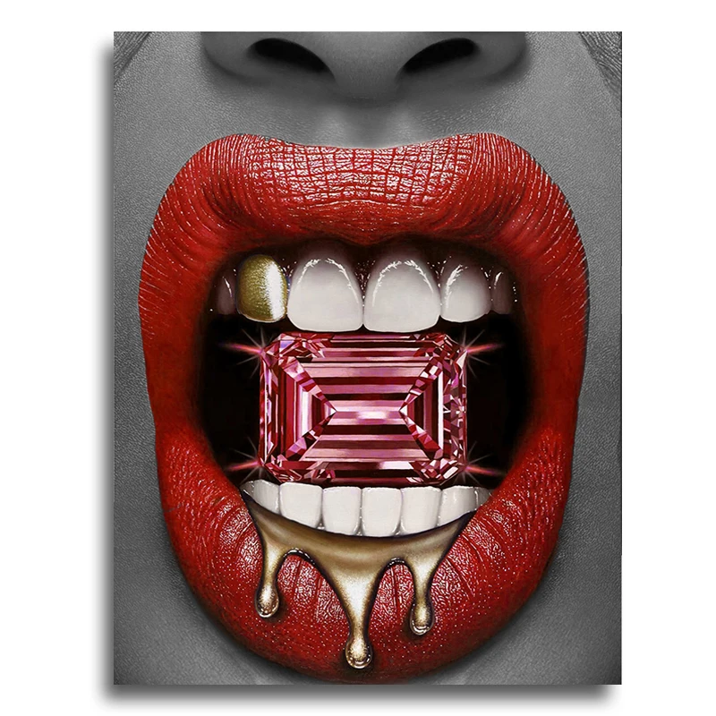 

Sexy girl Red Lips with diamond Dollars Canvas Art Prints Home Decor Printed Oil Paintings On Canvas Wall Art for Living Room