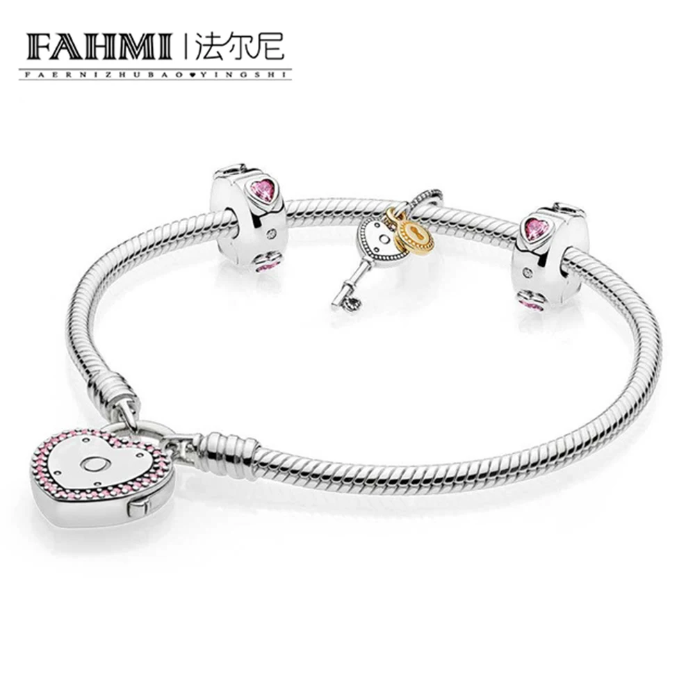 

FAHMI 100% 925 Silver 1:1 Genuine Charm Pink Key Heart Valentine Bracelet Set Elegant Charm Gift