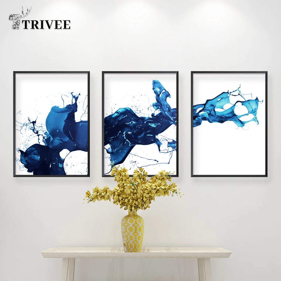 Голубая вода скандинавский акварельный печати абстрактный рисунок на холсте картина плакат стены искусства для Гостиная Ванная комната декоративные