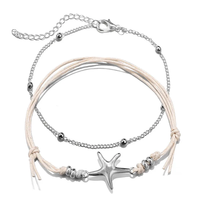 

Miss JQ 2 PCS/set Vintage Bohemian Anklets Set for Women Silver Color Bead Starfish Pendant Bracelets Anklets Foot Ankle Jewelry