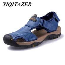 YIQITAZER новые летние Пляжные сандалии для мужчин из натуральной кожи Для мужчин удобные мужские нескользящая обувь на мягкой резиновой подошве сандалии мужские