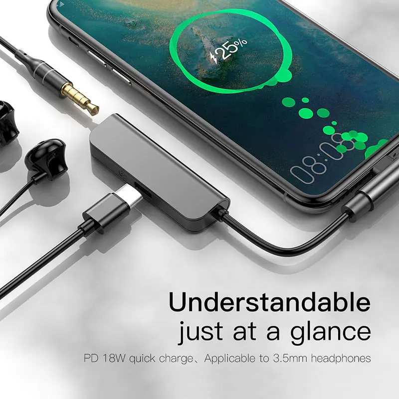 Переходник Baseus USB Type C на 3 5 мм с разъемом для наушников адаптер Aux PD 18 Вт кабель OTG
