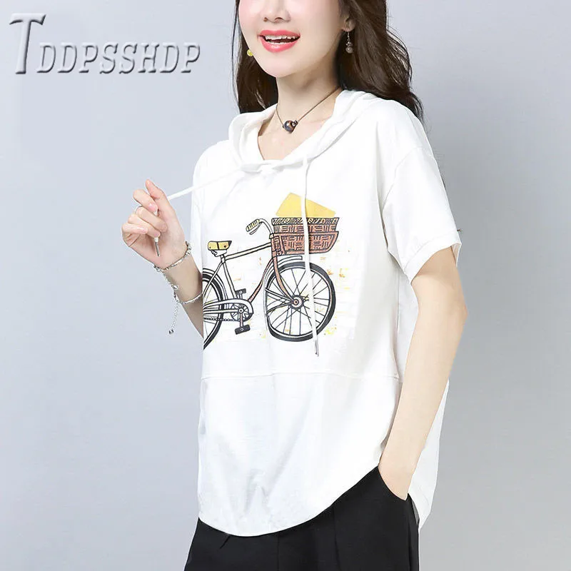 Женская футболка размера плюс с принтом велосипеда, летние женские футболки с коротким рукавом - Цвет: Белый