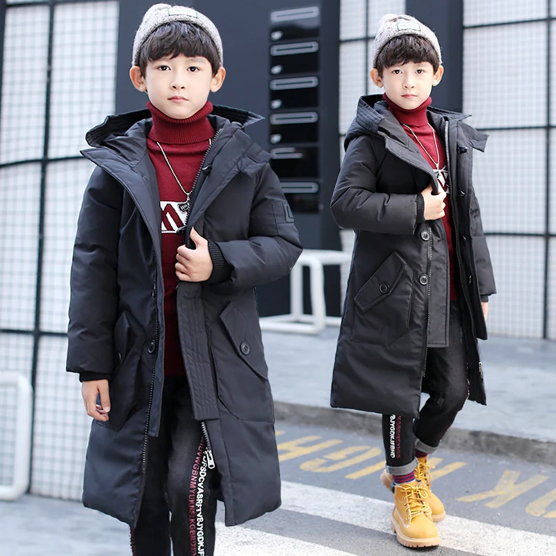 

FYH Kids Clothes Winter Boys Hooded Long Parkas Solid Color Children Thicken Cotton Padded Coat School Children Outerwear Jacket