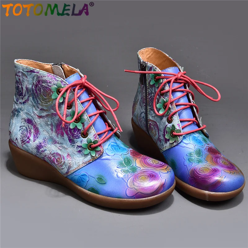 

TOTOMELA 2020 New Natural printing genuine leather boots lace up autumn western wedges boots ethnic ladies ankle boots women
