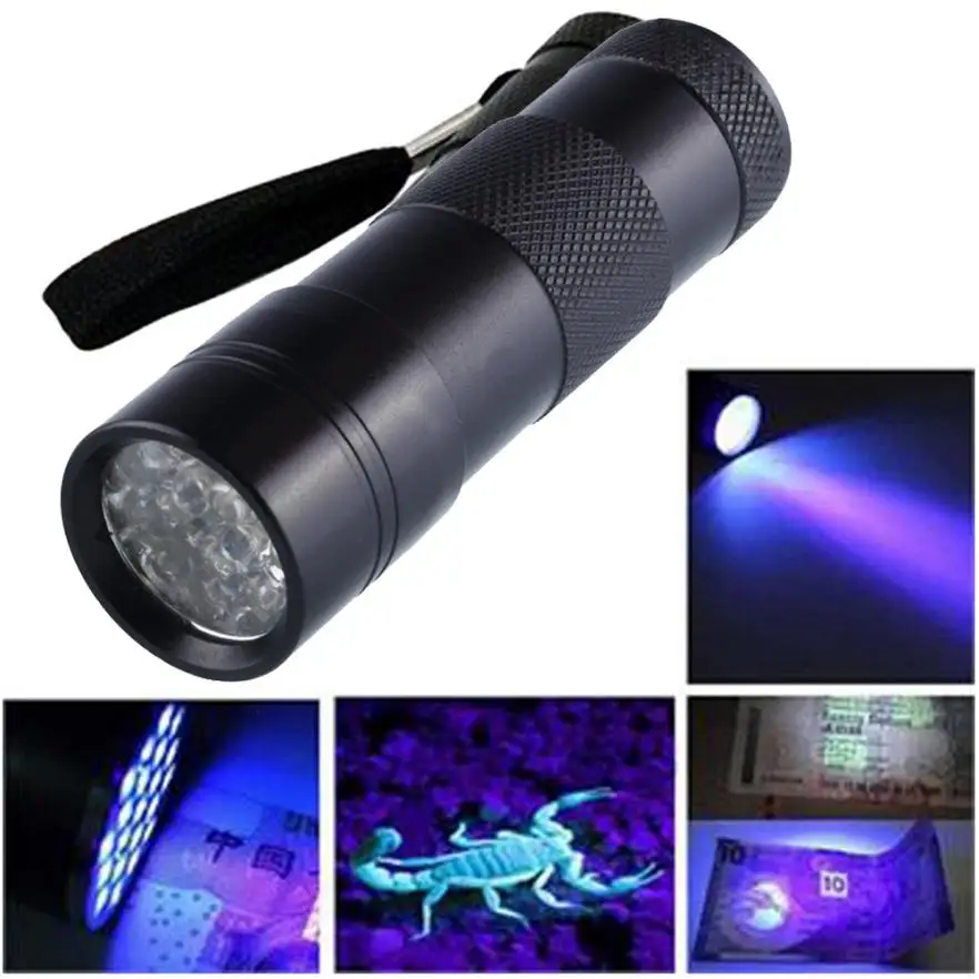 Черный мини алюминиевый УФ ультрафиолетовый фонарь 12LED Blacklight AAA самозащитная