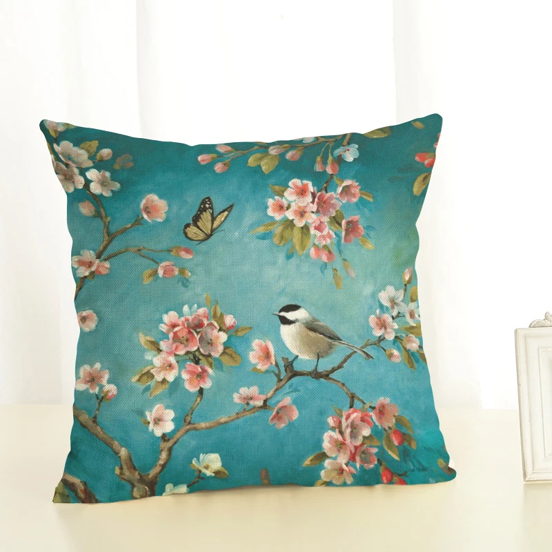 الأزياء النفط اللوحة الطيور المخدة الأزهار غطاء الوسادة القطن الكتان مكتب كيس وسادة ديكور المنزل وسادة أريكة حالة