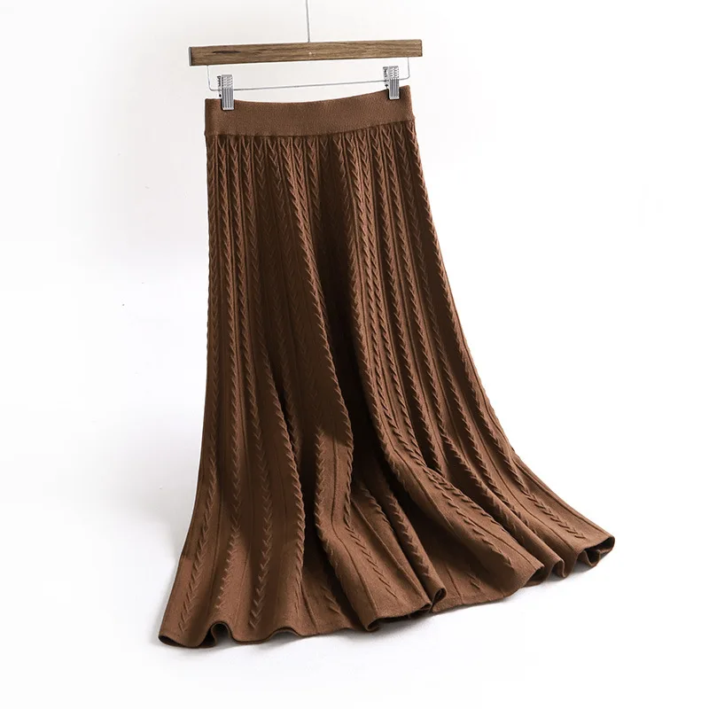 negro Falda Jacquard Paraguas 2019 Largo Punto marrón invierno Alta Beige Cintura Otoño Mujer Faldas Retro Nueva De La Palabra gris Lana 4wO7qWU