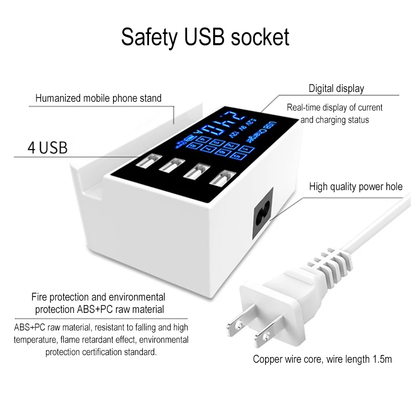 

4 USB Port Intelligent USB Charger Adapter Dock Holder Digital Led Display USB Charger Travel Adapter Tablet Wall Charger