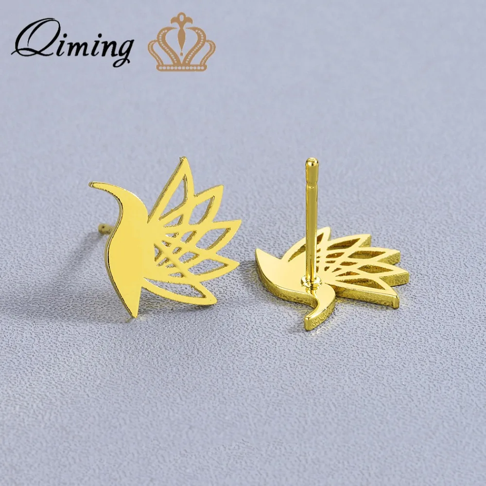 QIMING Stainless Steel Phoenix Stud Earrings For Women Golden Bird Flying Hummingbird Animal Cute Retro Ethnic Jewelry Earring | Украшения