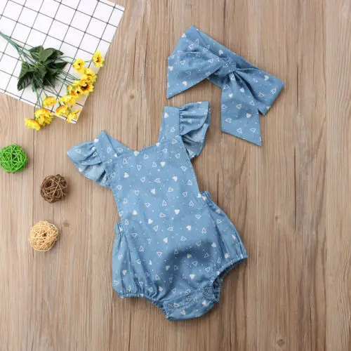 

2PCS Cute Newborn Baby Girls Butterfly Sleeve Backless Bodysuit Jumpsuit Sunsuit +Headband Outfits Set Clothes