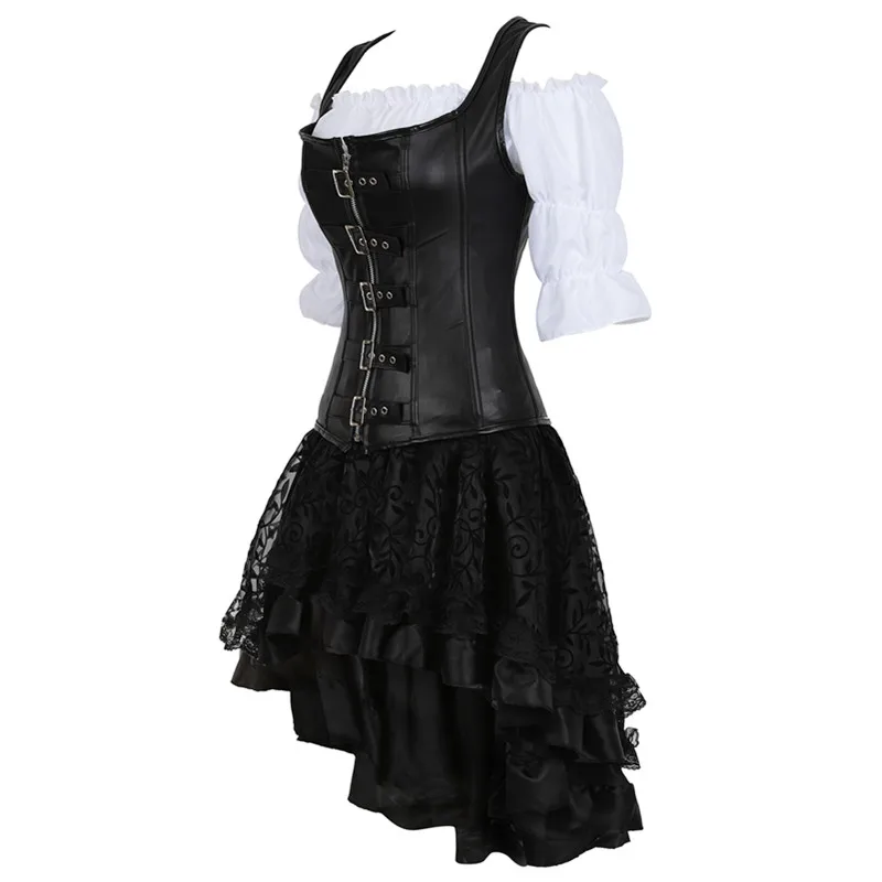 Steampunk Corset Dress for Women Three-piece Leather Corset with Skirt and Renaissance Shirt Gothic Pirate Costume Plus Size
