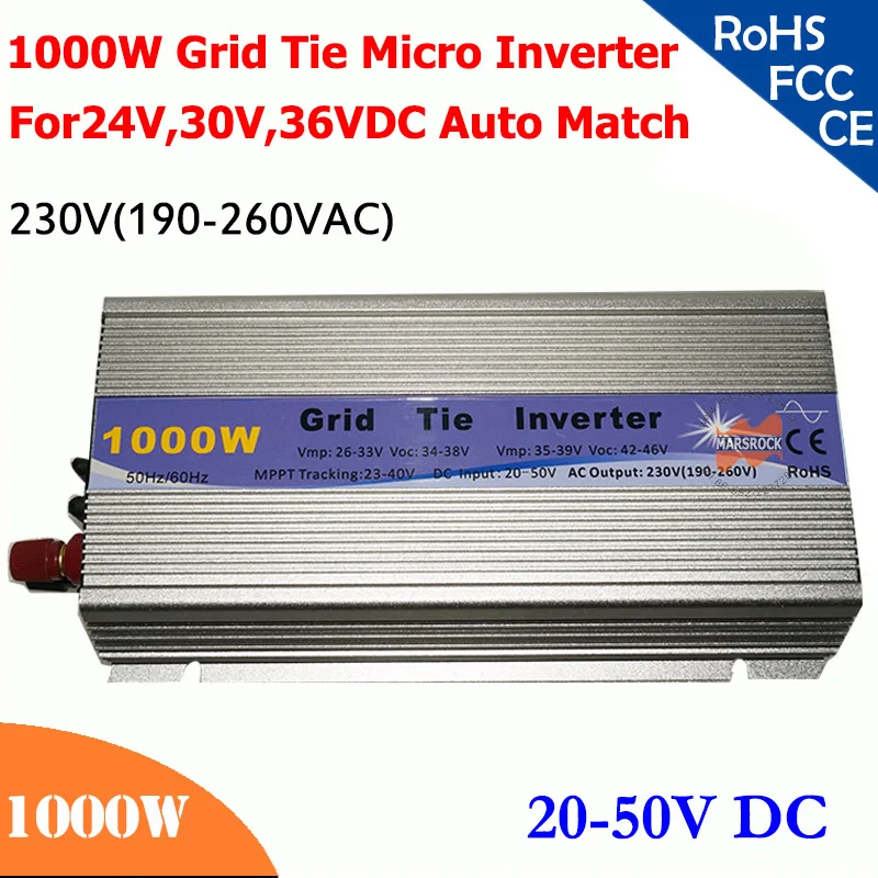 Сетка галстук микро инвертор 1000W 20V-50VDC, 190 V-260 V AC, работоспособный для 1200 W, 24 V, 30 V, 36V солнечная панель или ветровая система, золото