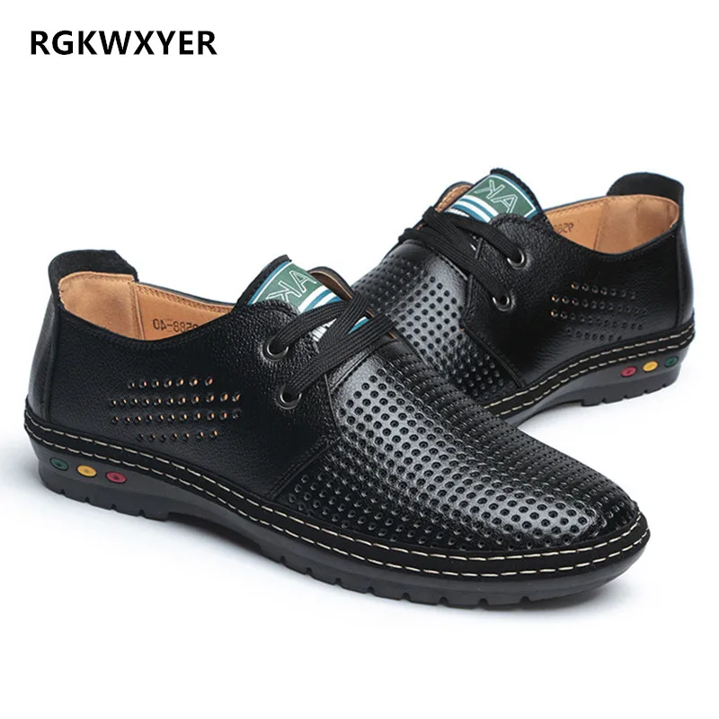 

RGKWXYER New Genuine Leather Men Sandals Fretwork Breathable Hole Shoes Outdoor Casual Men Leather Sandals Fashion Roman Shoes 1