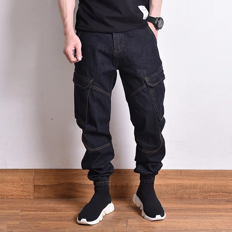 Японский Стиль модные мужские джинсы Винтаж черный свободная посадка большой карман штаны-карго из денима Брюки Homme уличной хип-хоп