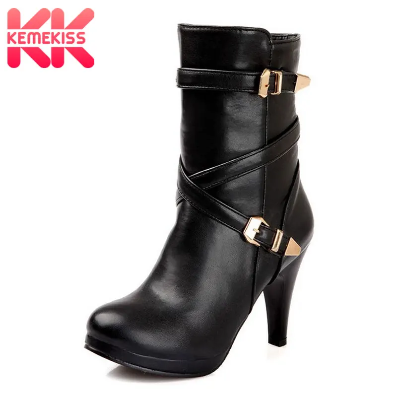 

KemeKiss Plush Size 32-48 Women High Heel Half Short Boots Winter Warm Boots Fashion Footwear Warm Heels Boot Office Lady Shoes