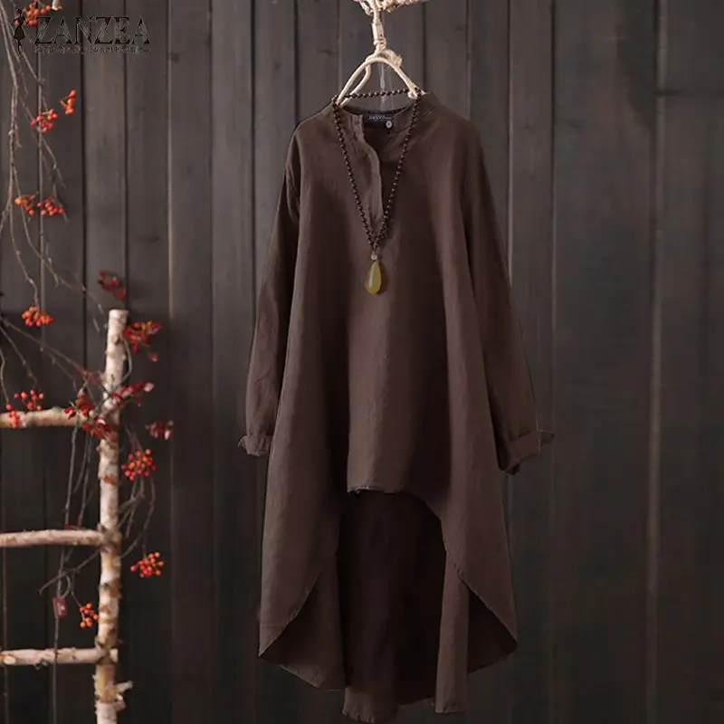 

ZANZEA 2019 Women's Linen Blouse Vintage Long Sleeve Shirts Summer Button Chemise Casual Tunic Tops Solid Asymmetrical Tops