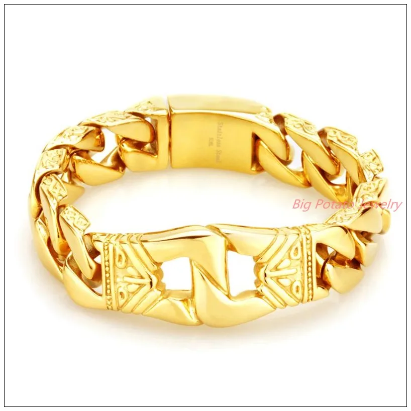 

8.46"*18mm 141g New Punk 316L Stainless Steel Gold Curb Chain Tone Handcuffs Gift Mens Bracelet Bangle Cool Jewelry