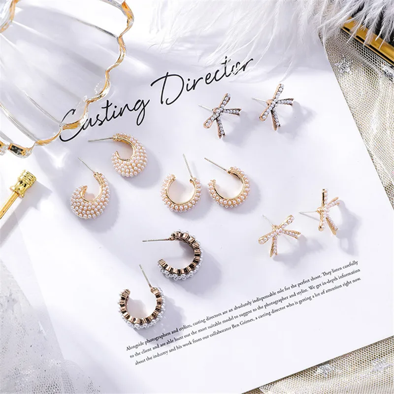 

Geometric Circle Bowknot Three Layer Pearl Small Stud Earrings for Women Simple Design Gold Metal ear jewelry Girl Gift