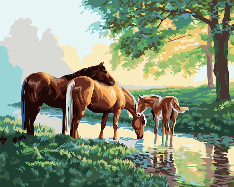 MaHuafX032ThreehorsesdrinkwaterontheriverDIYoilpaintingby