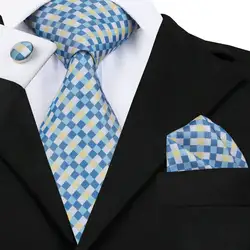 SN-513 ярко желтый плед галстук Hanky запонки наборы Для мужчин 100% шелковые галстуки для Для мужчин Формальные Свадебная вечеринка жених