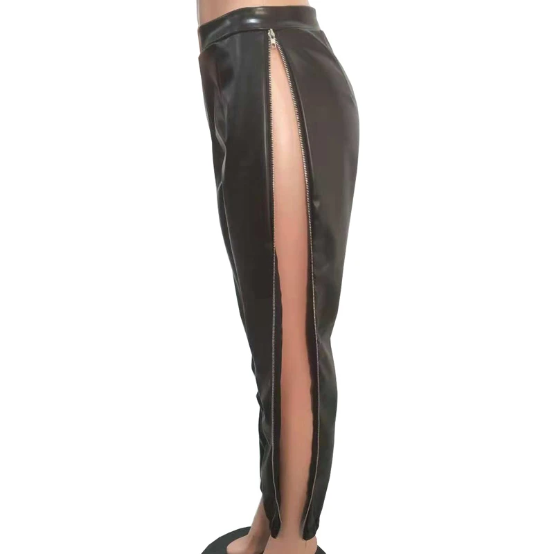 Высокая Талия Для женщин Pu кожаные штаны с открытыми боками Разделение Длинные молнии эластичные брюки из искусственной кожи женские штаны для уличного бега Pantacourt
